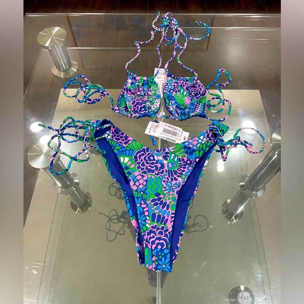 NWT Frankie’s bikini good vibes in electric blue green pink string high rise L/M